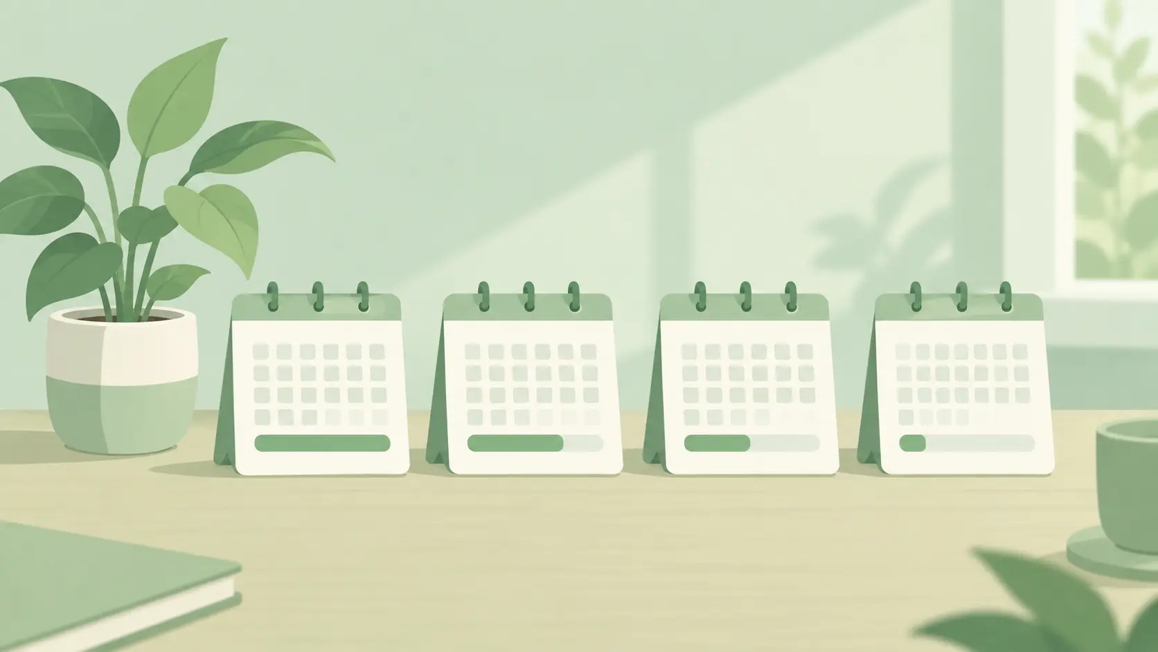 Cuatro tarjetas de calendario con barras verdes cada vez más cortas, imagen de un plan semanal de reducción del consumo