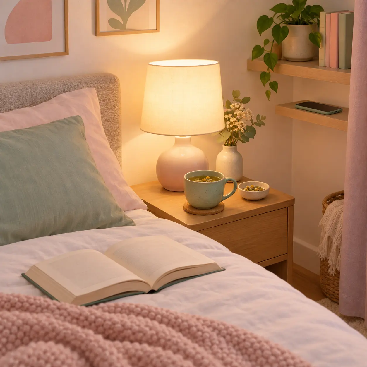 Mesita de noche con lámpara encendida, un libro y una infusión, con el móvil apartado en una estantería