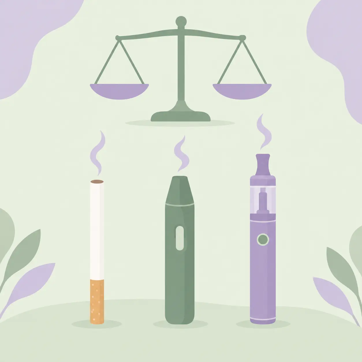 Tres siluetas genéricas de cigarrillo, dispositivo de tabaco calentado y vapeador bajo una balanza