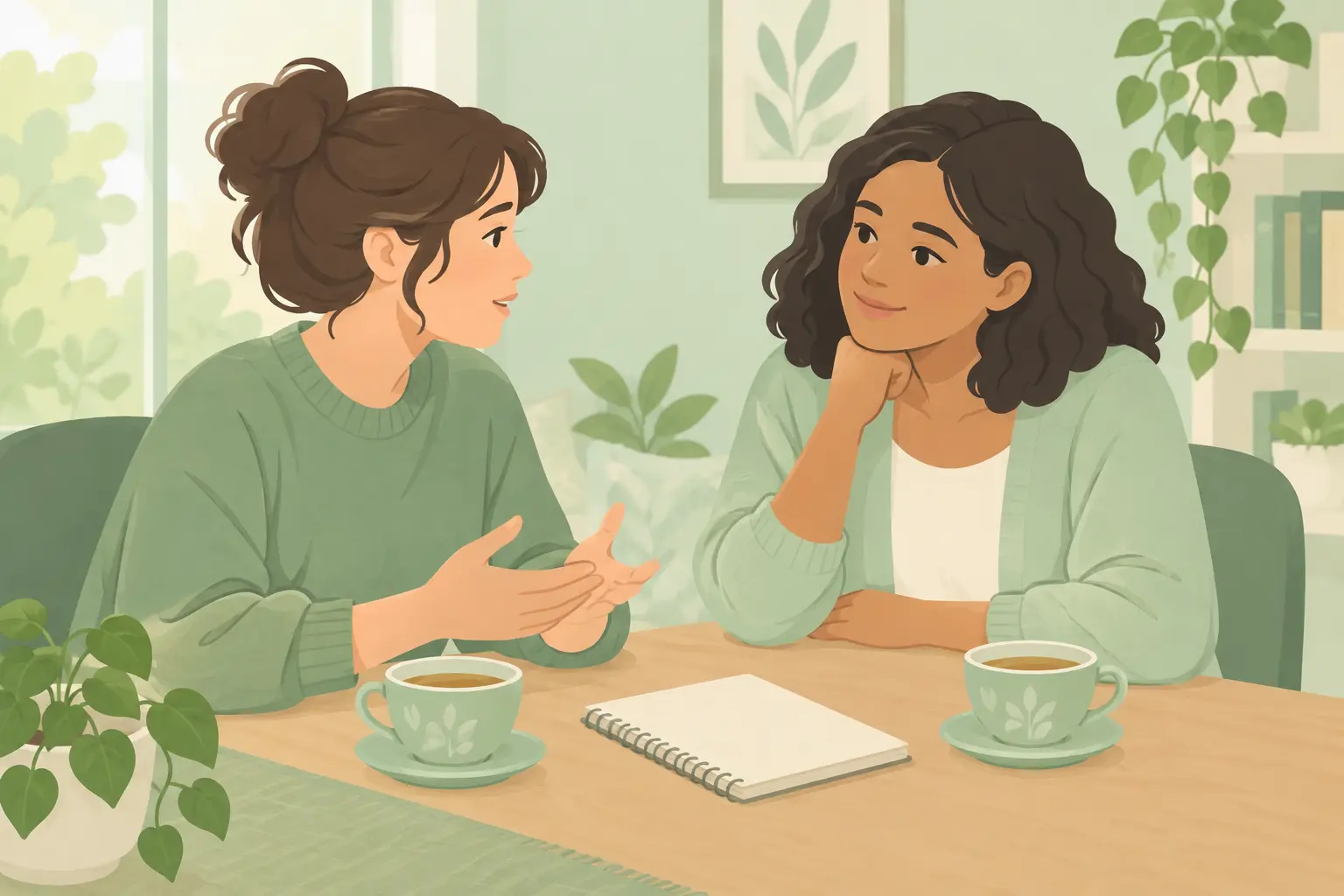 Dos personas conversando junto a una mesa con una libreta y té, una ofreciendo apoyo a la otra