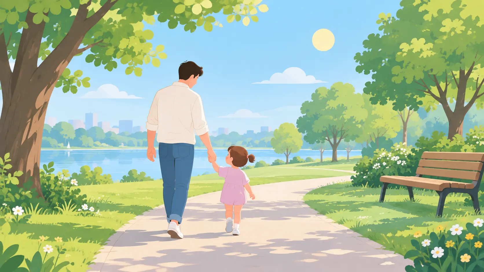 Una madre y su hija pequeña pasean de la mano por un parque soleado
