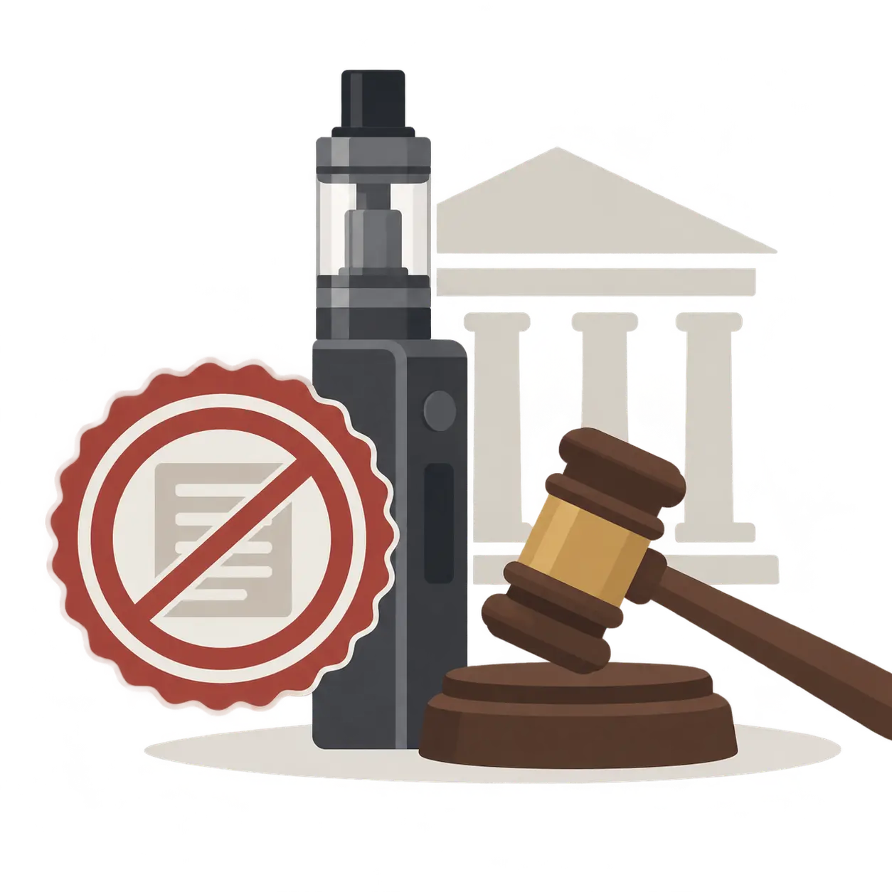 Dispositivo genérico de cigarrillo electrónico junto a un mazo y un sello que representan la regulación del vapeo