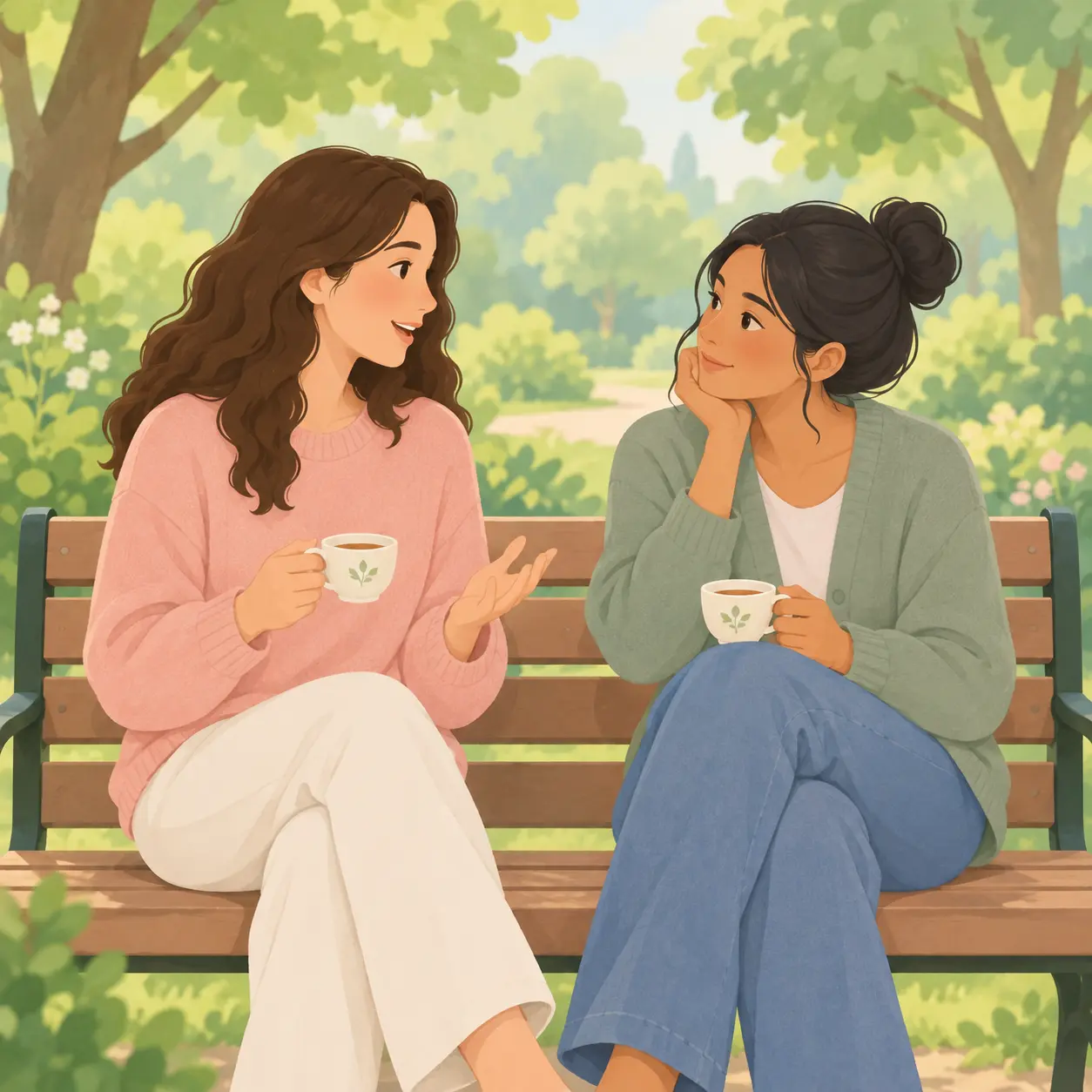 Dos amigas conversando en un banco del parque con una taza de té