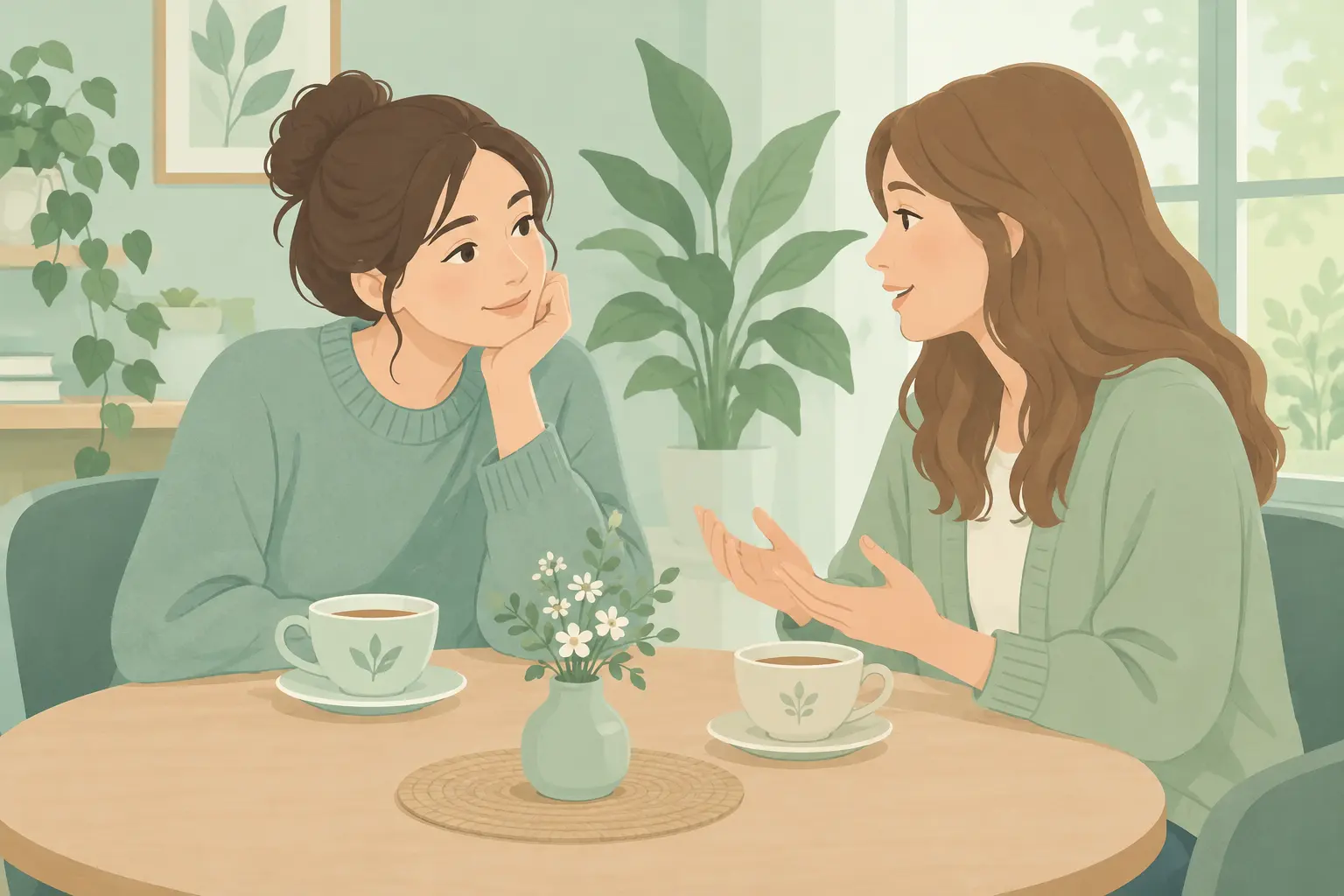 Dos amigos conversando con calma junto a una mesa con té, uno escuchando con atención al otro