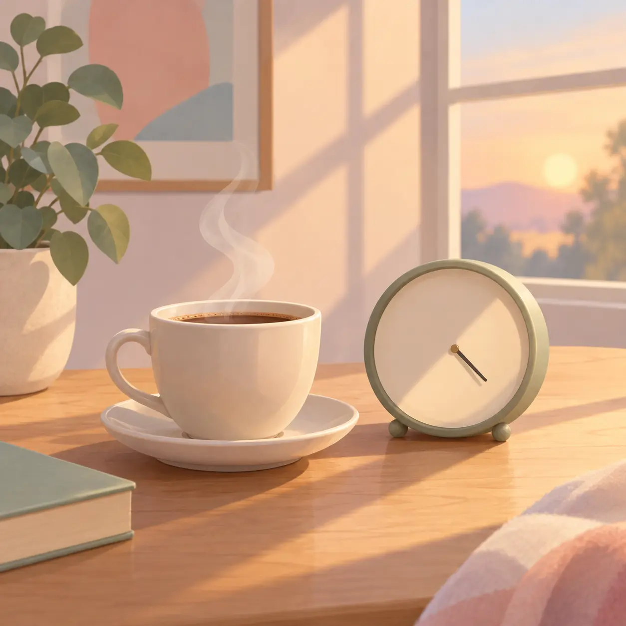Taza de café humeante junto a un reloj y la luz de la tarde en una ventana