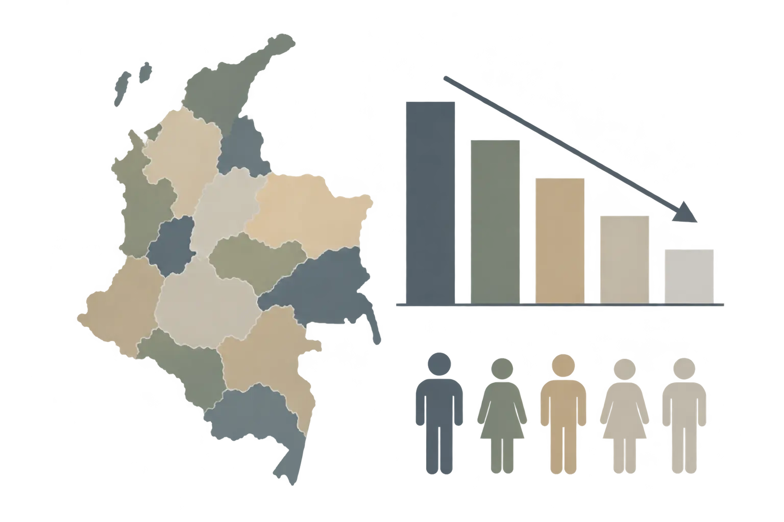 Mapa simplificado de Colombia junto a un gráfico de barras descendente sobre el consumo de tabaco