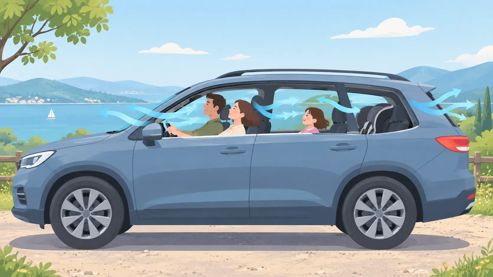 Coche familiar con las ventanillas abiertas y una silla infantil en la parte trasera
