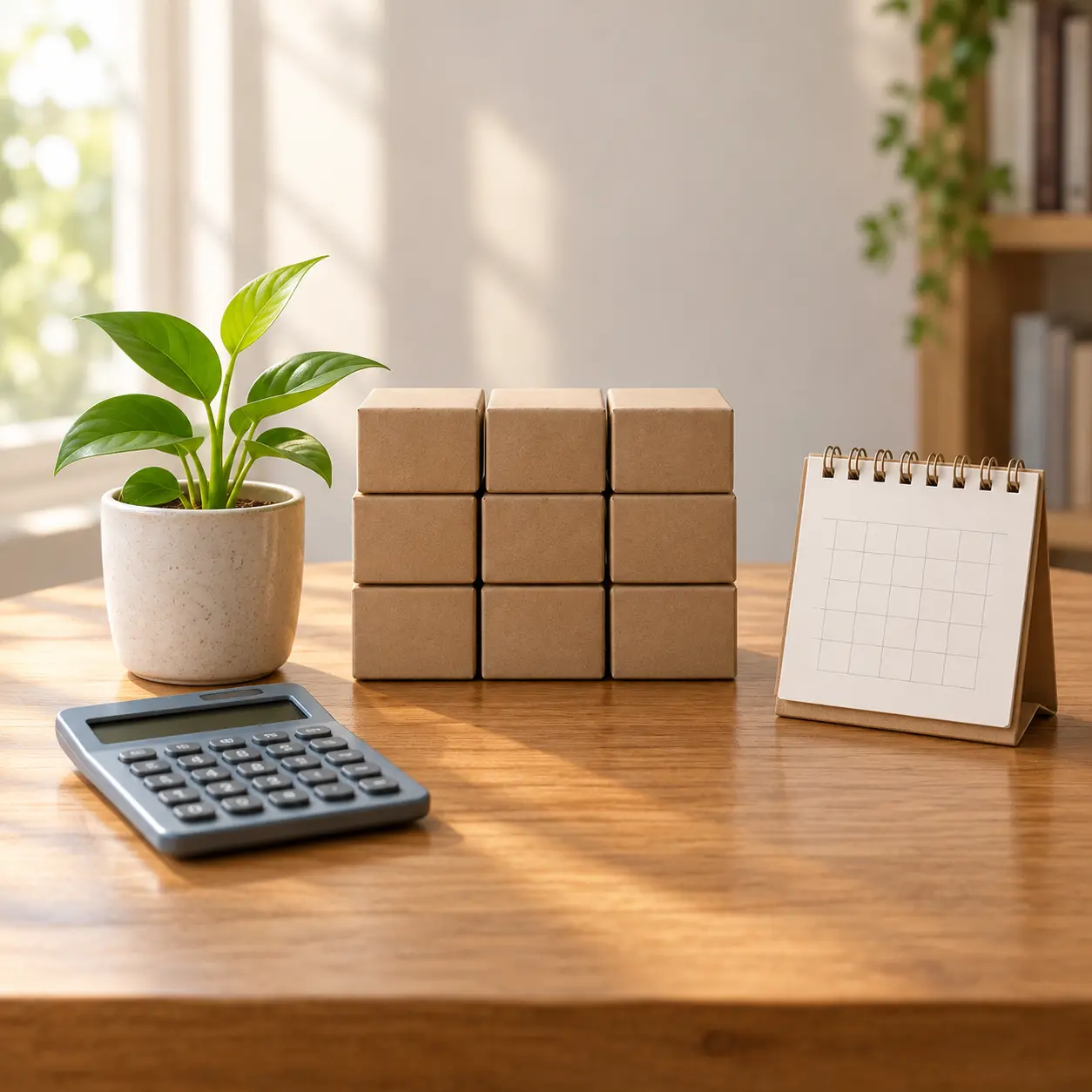 Una calculadora y un calendario sobre una mesa con pequeñas cajas apiladas y una planta que brota