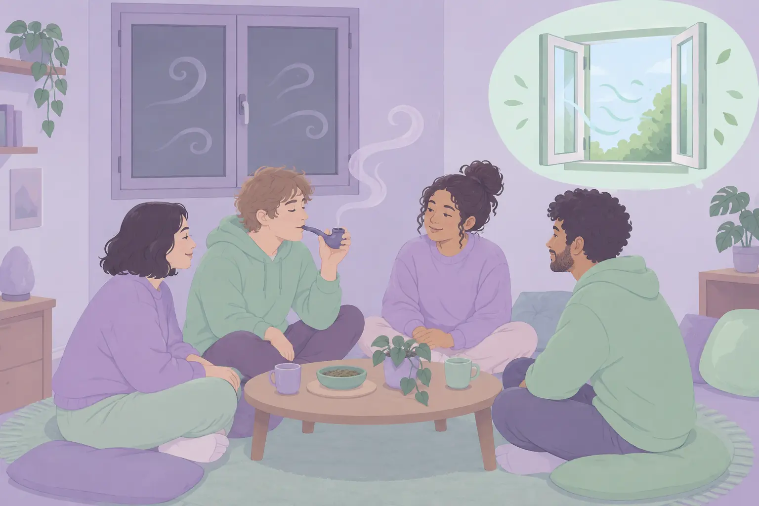 Amigos sentados alrededor de una mesa baja en una sala con la ventana cerrada y aire cargado