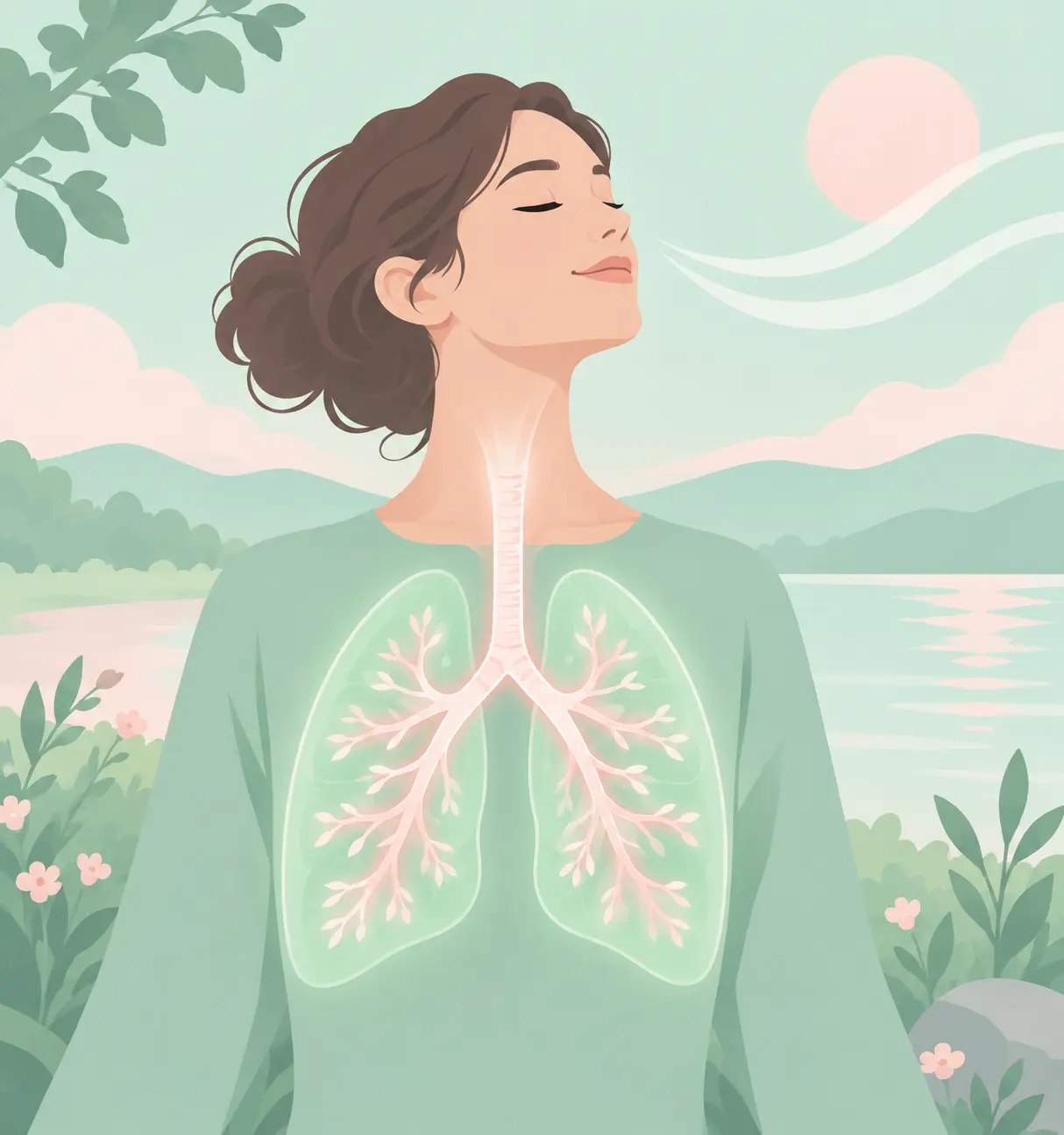 Persona respirando hondo al aire libre con un esquema de las vías respiratorias en el pecho