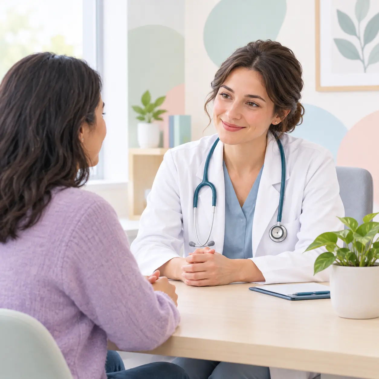 Persona hablando con un profesional de salud en una consulta luminosa