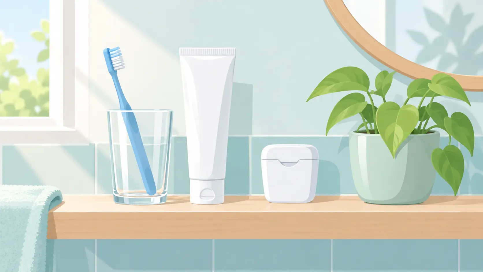 Estante de baño con un vaso con cepillo, pasta de dientes, hilo dental y una planta