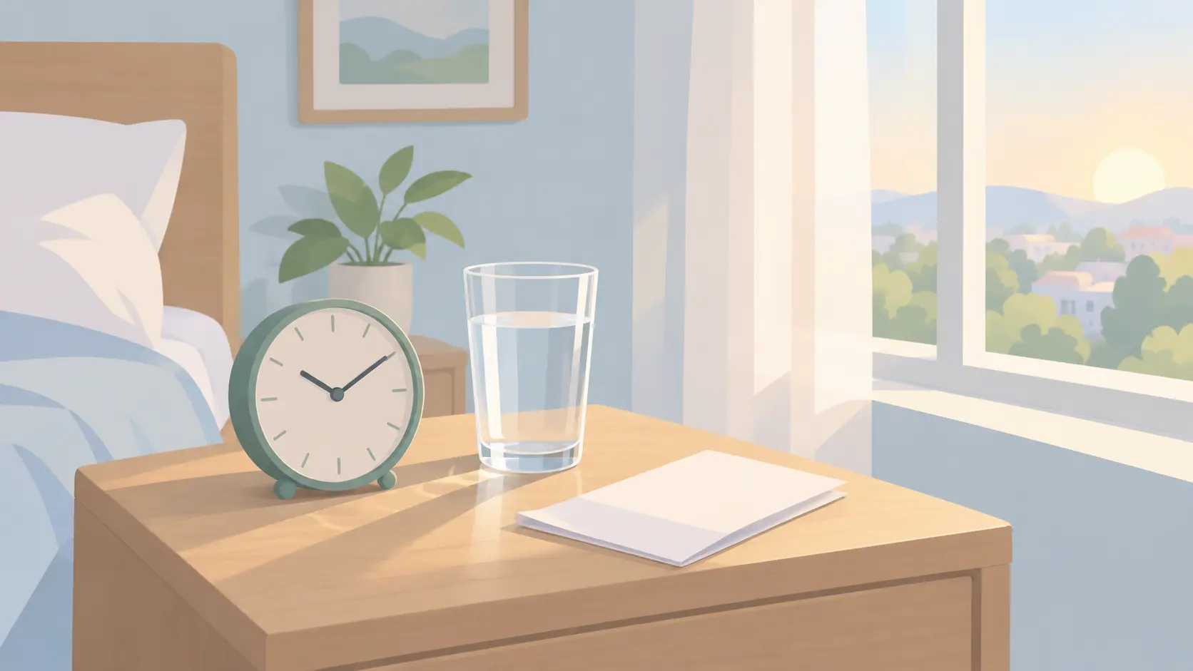 Mesita de noche con un reloj, un vaso de agua y una hoja doblada con la luz de la mañana