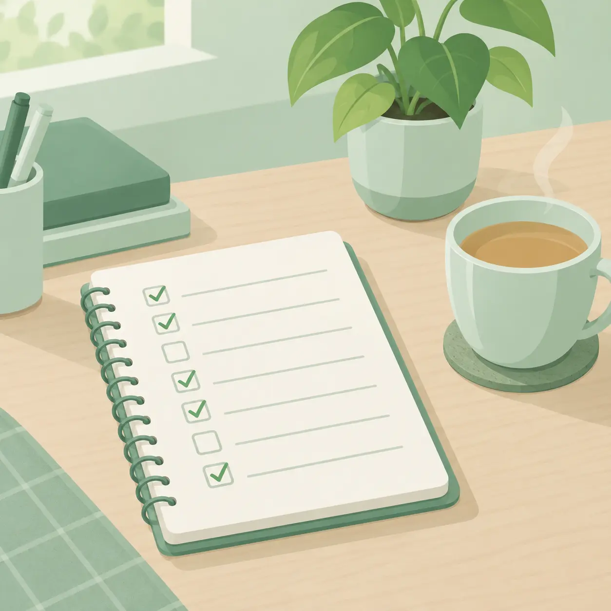 Libreta con una lista de siete casillas, varias marcadas en verde, junto a una taza de té y una planta