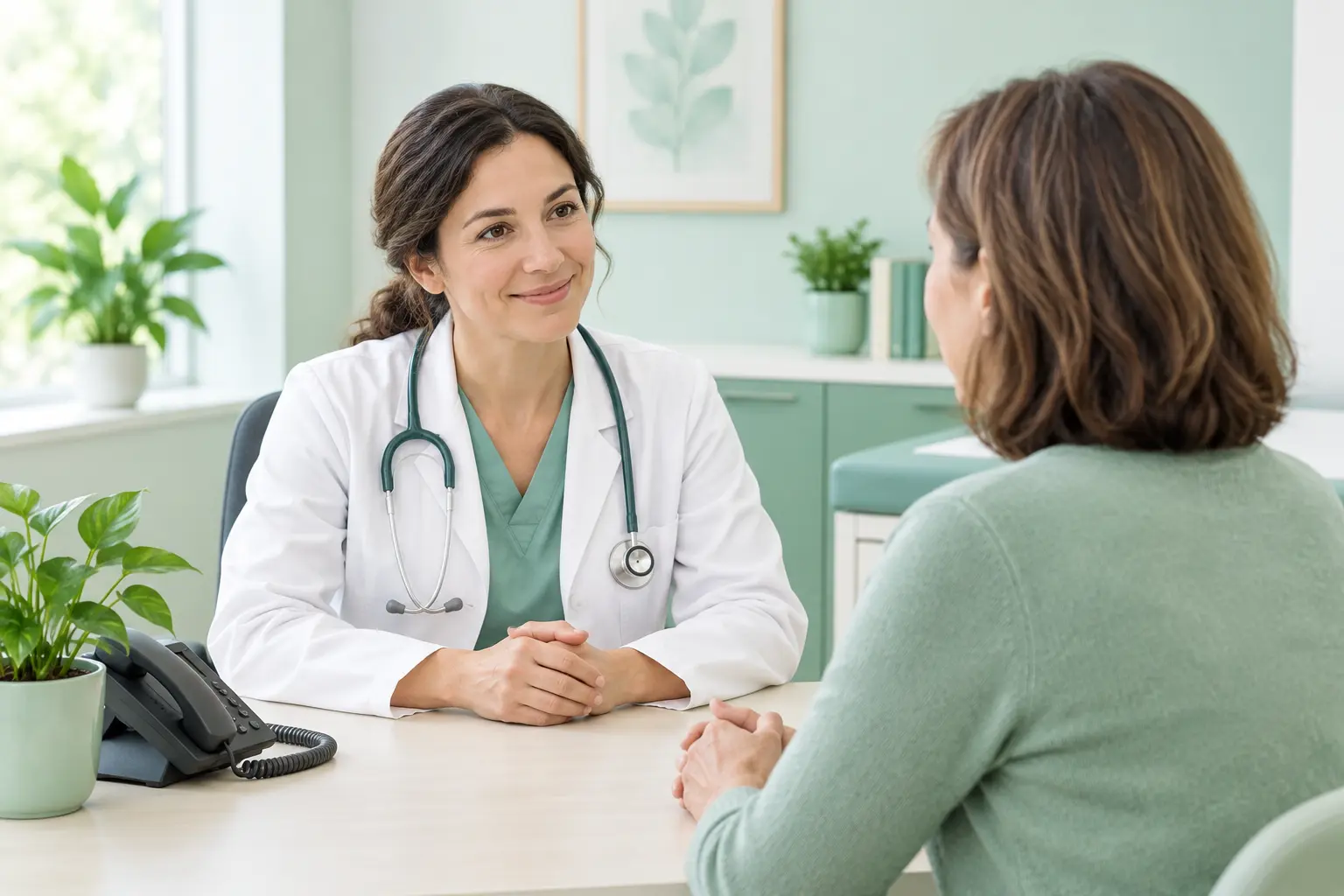 Médica conversando con un paciente en una consulta luminosa con un teléfono sobre la mesa