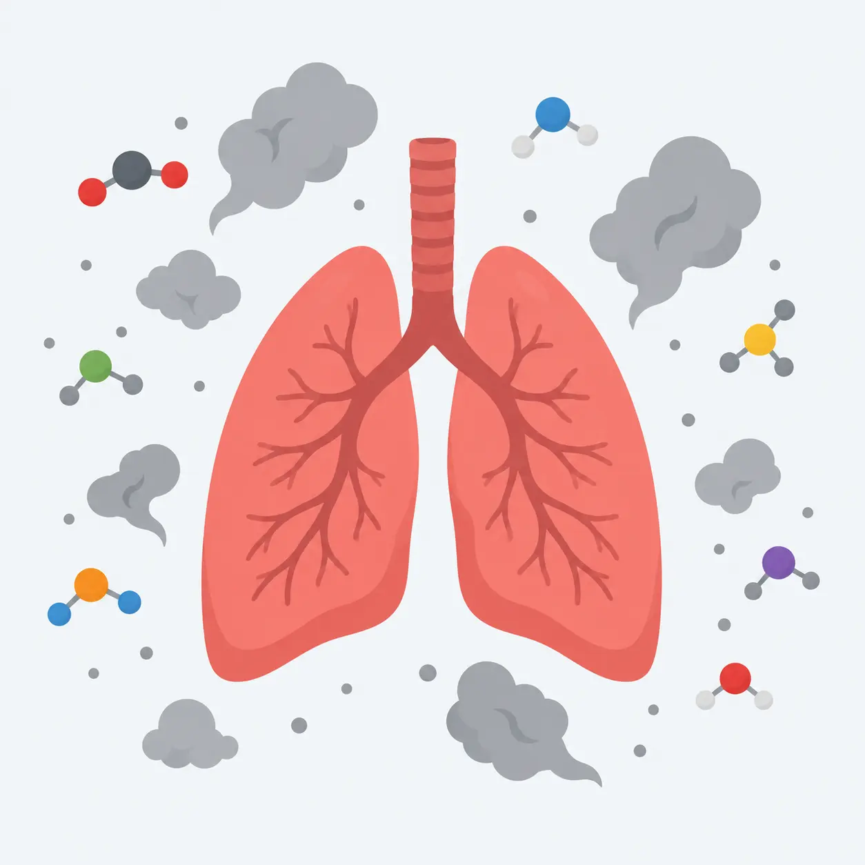 Ilustración de unos pulmones rodeados de humo y partículas que representan las sustancias del humo del tabaco