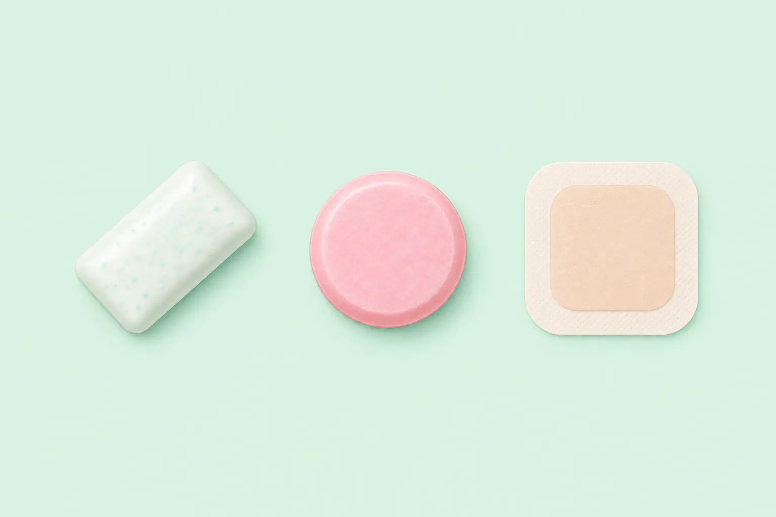 Tres iconos sencillos que representan un chicle, un comprimido para chupar y un parche de nicotina