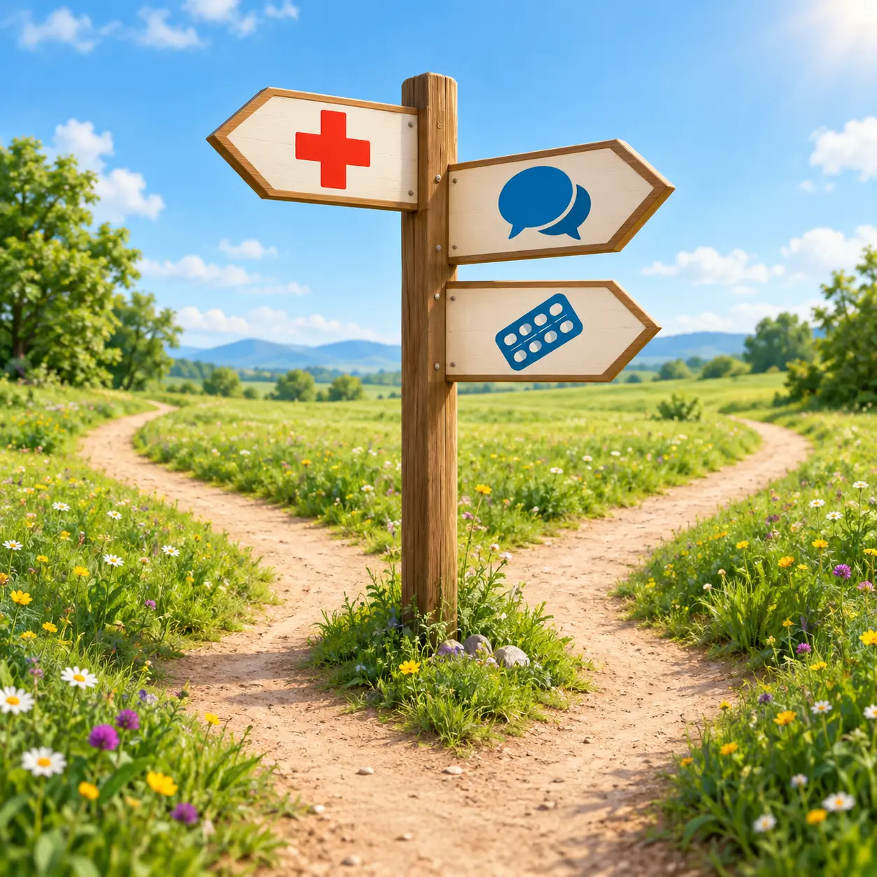 Poste con tres caminos que representan consejo médico, apoyo psicológico y medicación para dejar de fumar