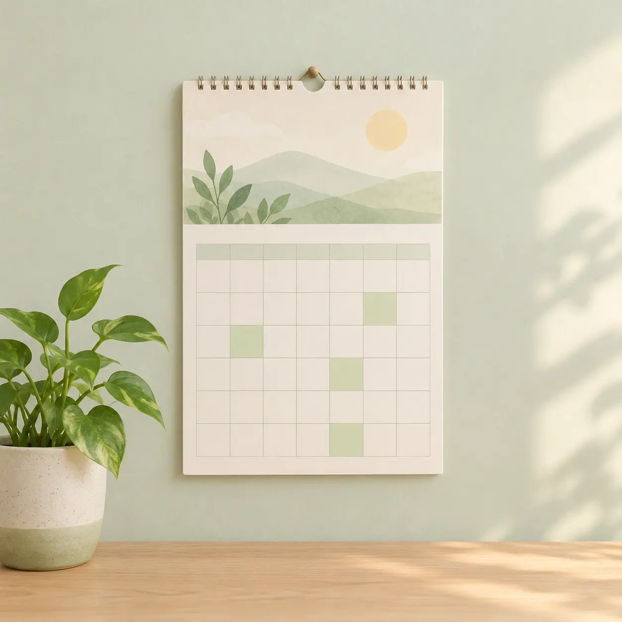 Calendario de pared con algunos días resaltados en verde junto a una planta