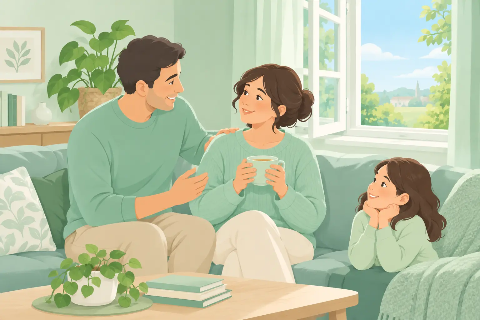 Familia en el salón de casa, con un adulto animando a otro con una taza de té, en un ambiente sin humo
