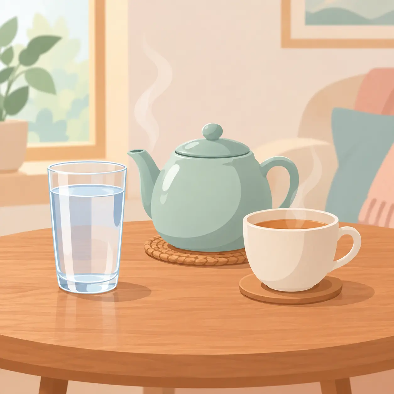 Vaso de agua y taza con infusión sobre una mesa