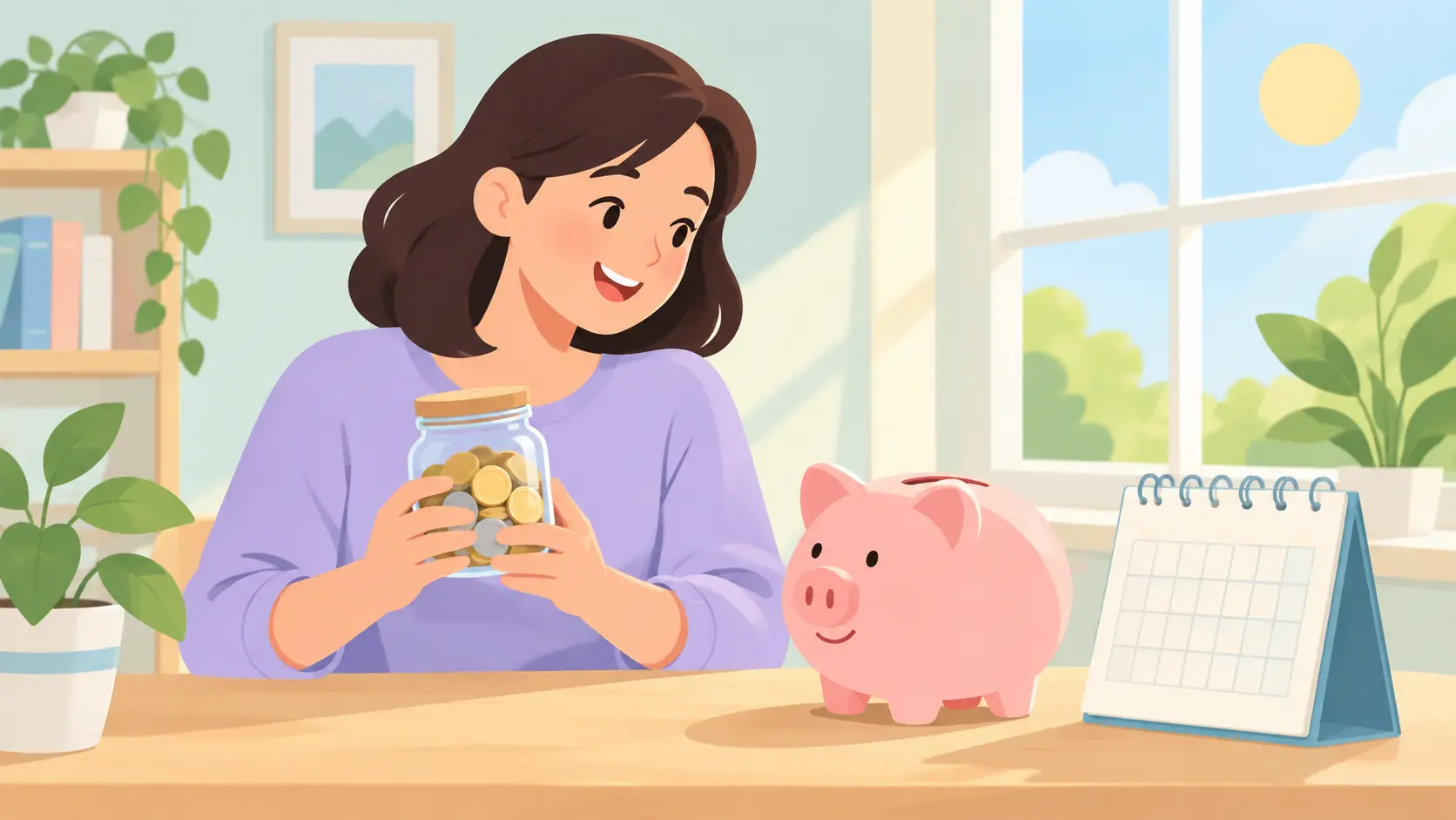 Persona sonriente con un tarro de monedas junto a una hucha y un calendario