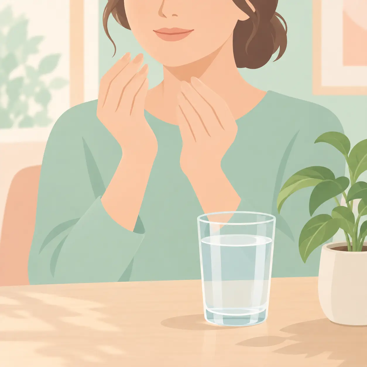 Una mano que se aleja de la boca y un vaso de agua con una planta sobre una mesa, imagen de cambiar el gesto de vapear
