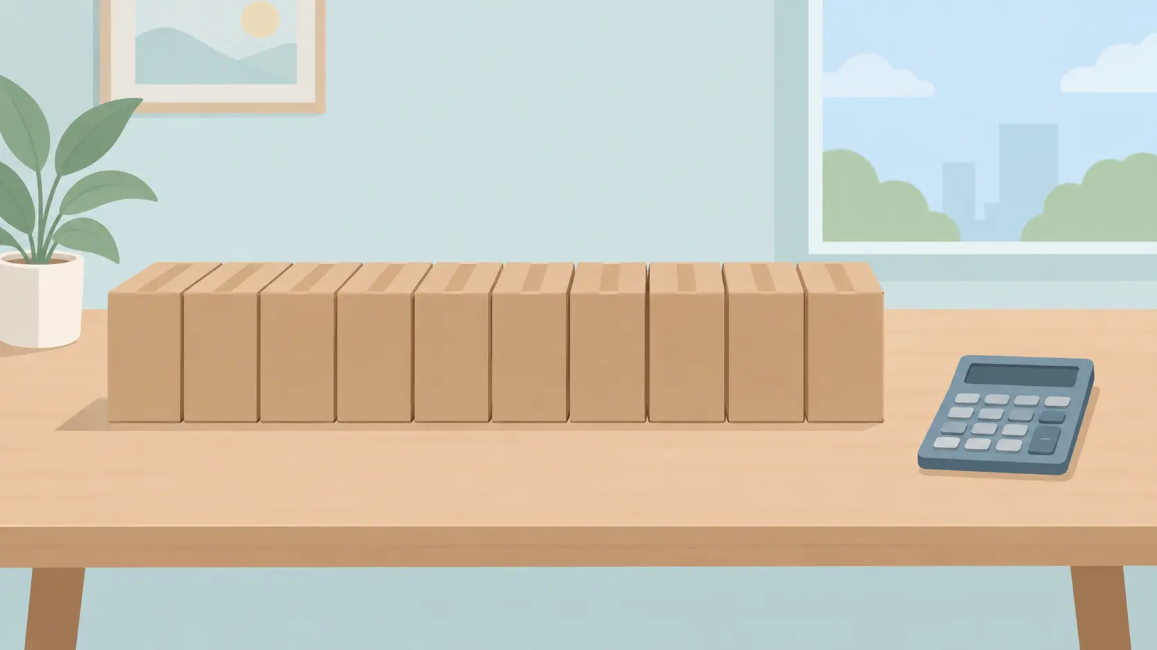 Diez cajas genéricas apiladas como un cartón junto a una calculadora sencilla