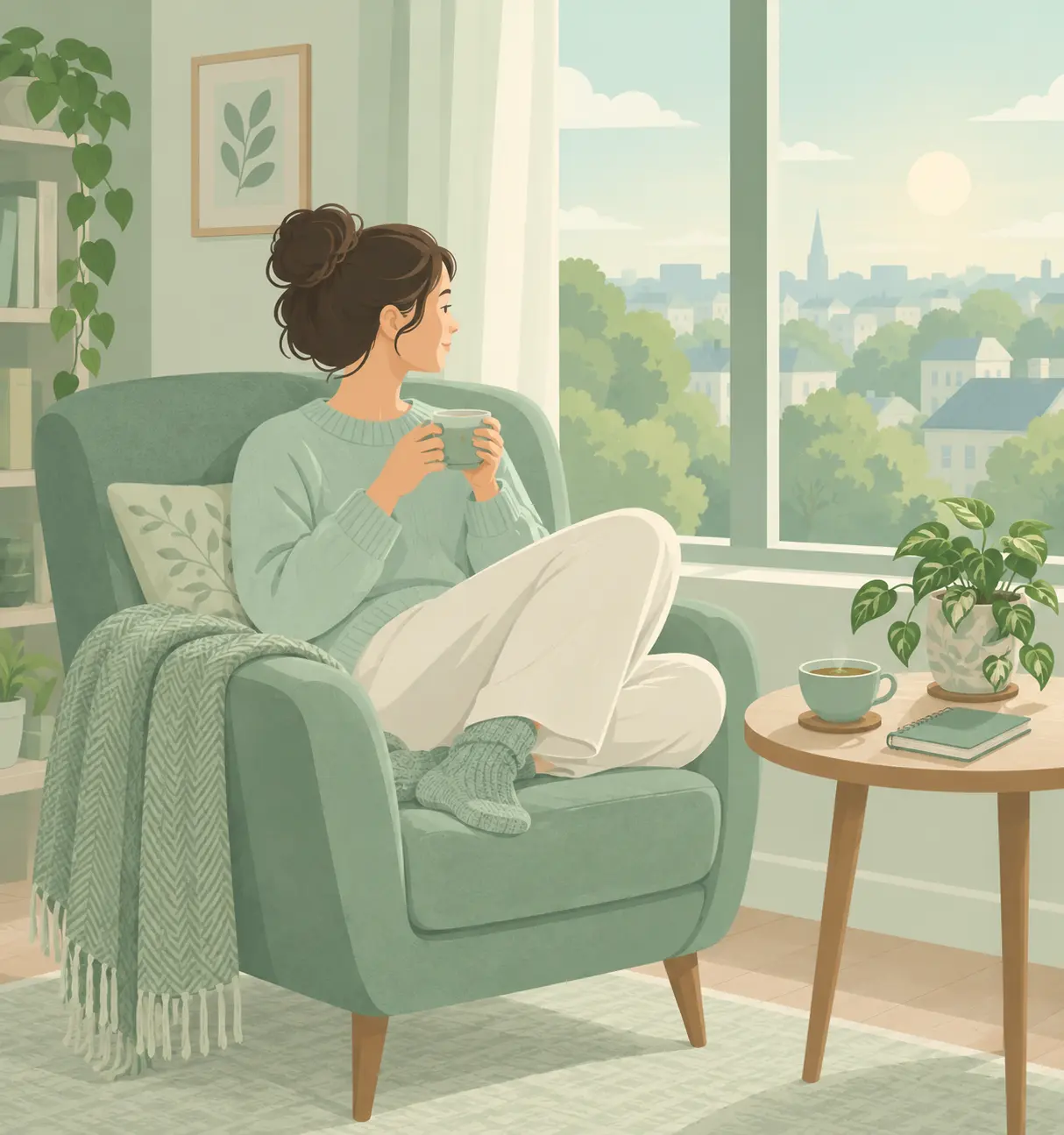Persona tomando un té en una silla distinta, con una libreta, para romper la rutina de fumar