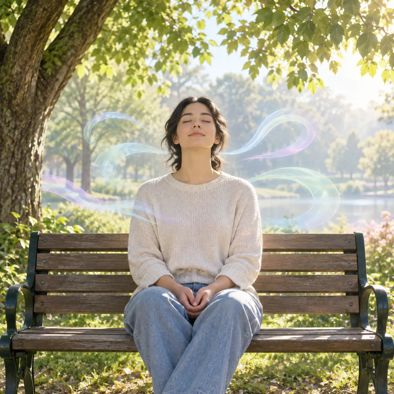 Persona sentada en un banco del parque respirando despacio con los ojos cerrados