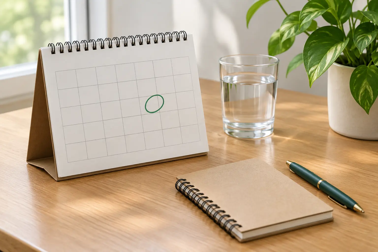 Calendario con un día marcado en verde junto a una libreta, para planificar la fecha de dejar de fumar