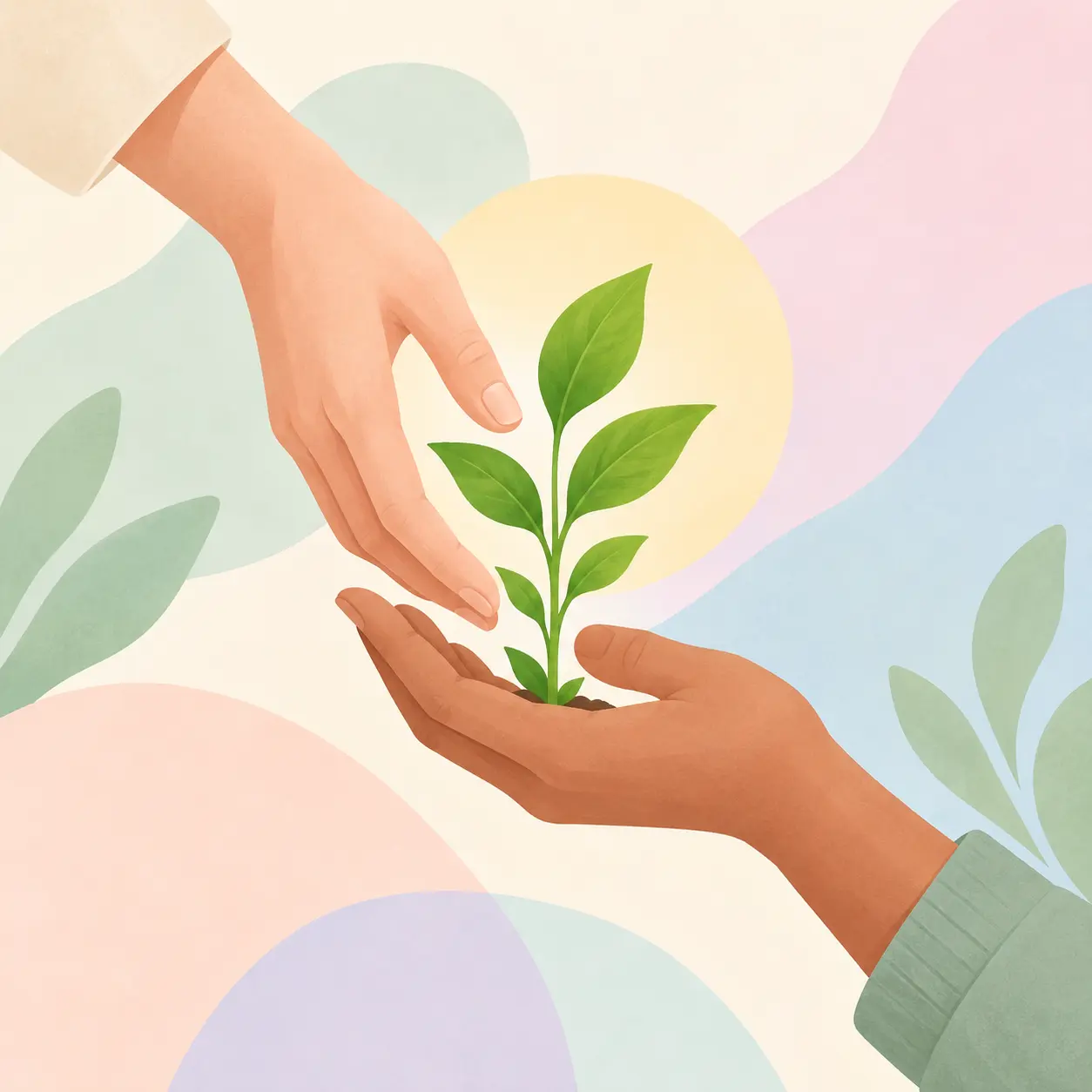 Una mano ofrece apoyo a otra junto a una planta que crece