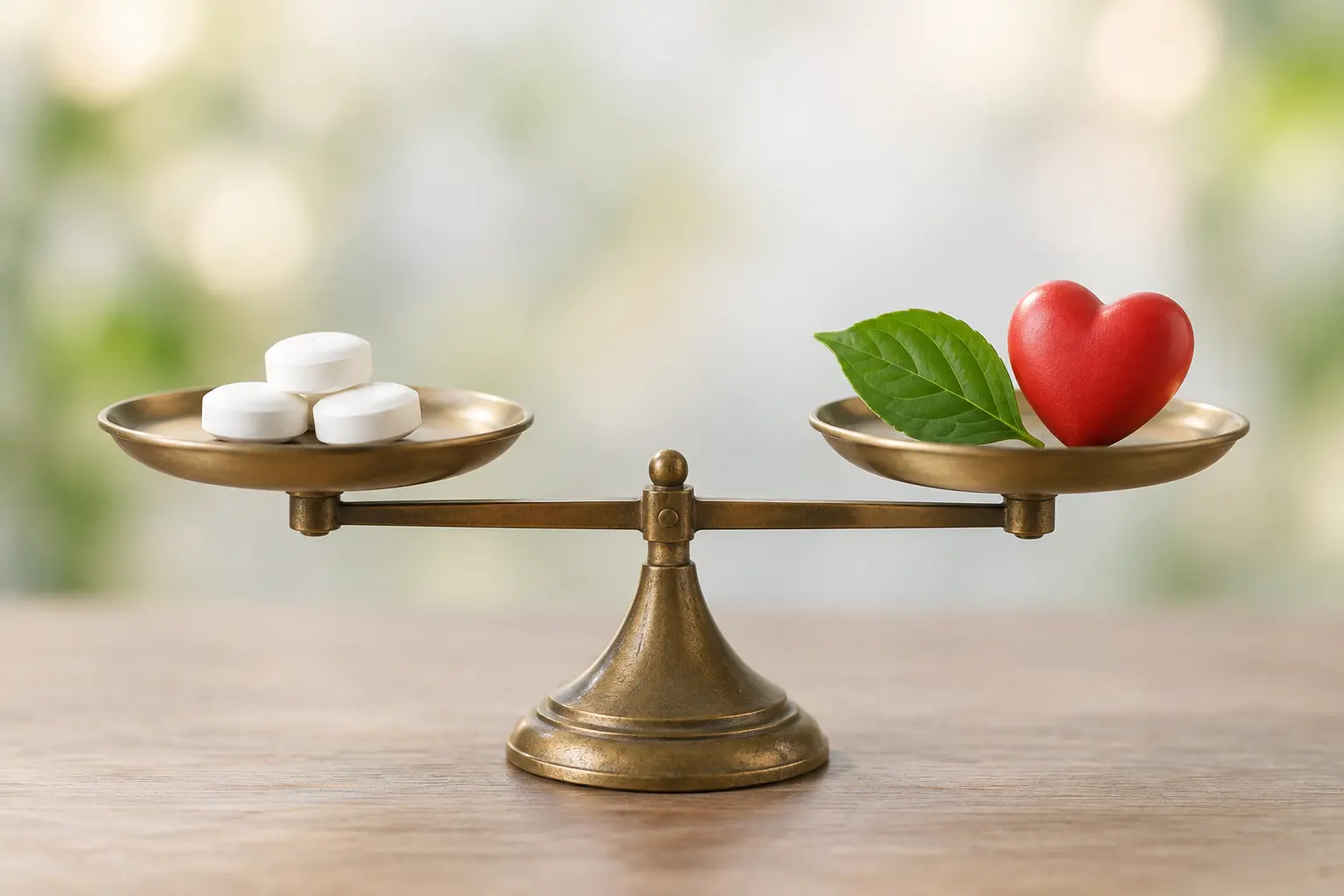 Balanza que compara tres pastillas con un corazón, ilustración sobre la evidencia de los fármacos para dejar de fumar