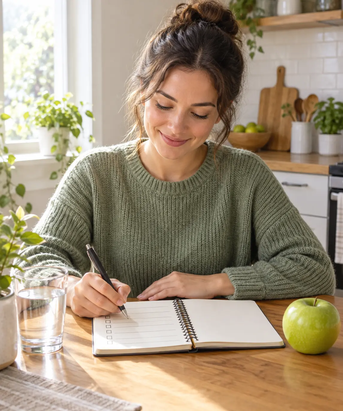 Persona escribiendo una lista de tareas diarias en una libreta junto a un vaso de agua y una manzana