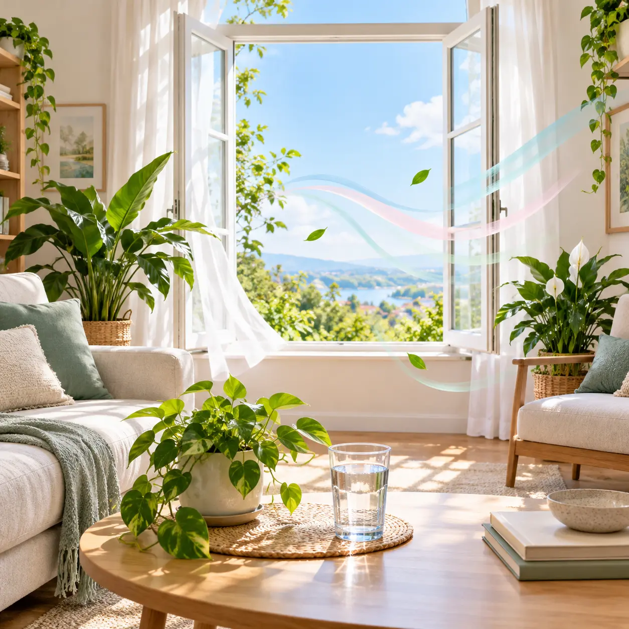 Salón luminoso con la ventana abierta, plantas y un vaso de agua sobre la mesa