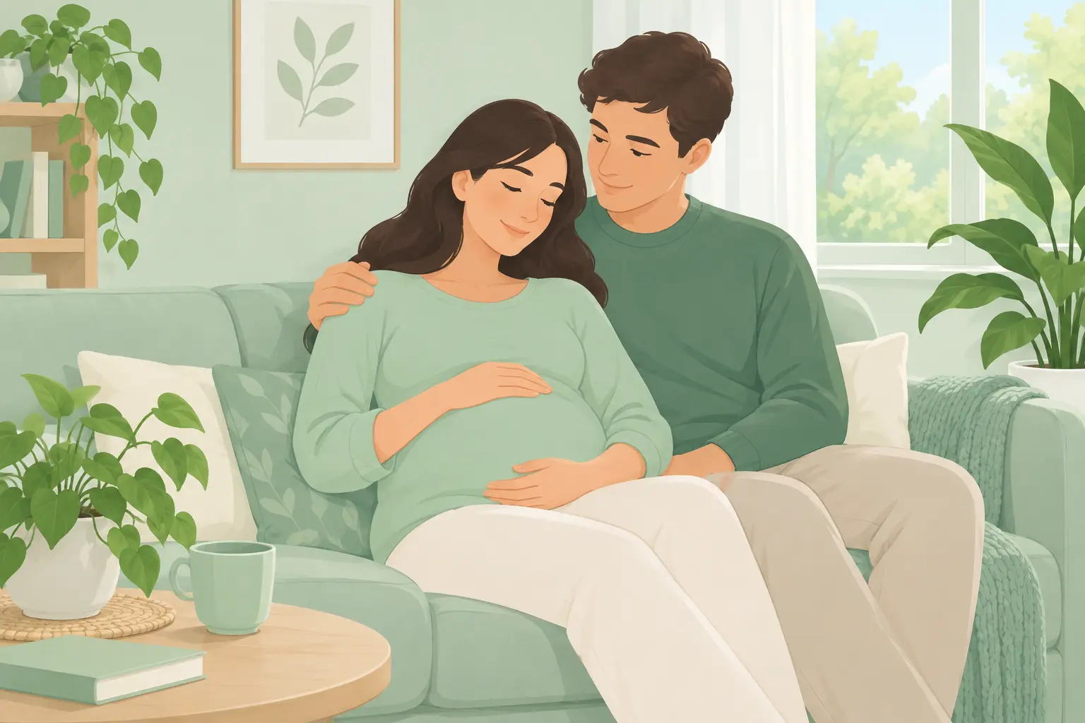 Pareja sentada en un sofá con una planta, ella con las manos sobre el vientre, en un hogar sin humo