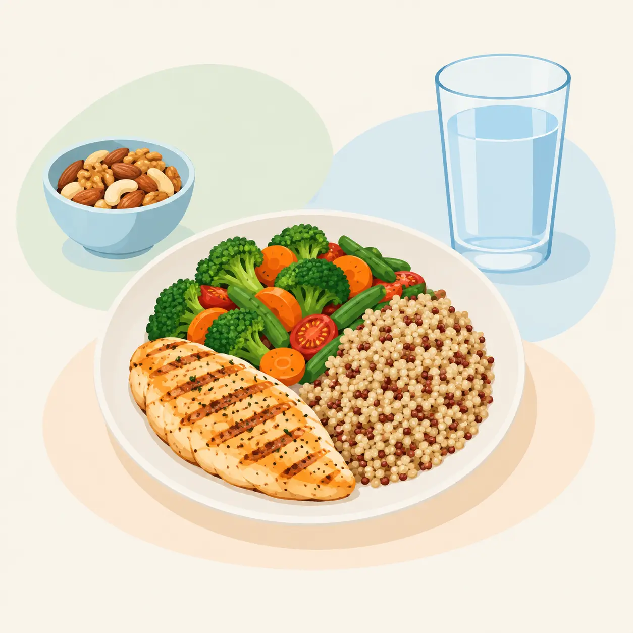 Plato equilibrado con proteína, verduras y cereales integrales junto a un vaso de agua