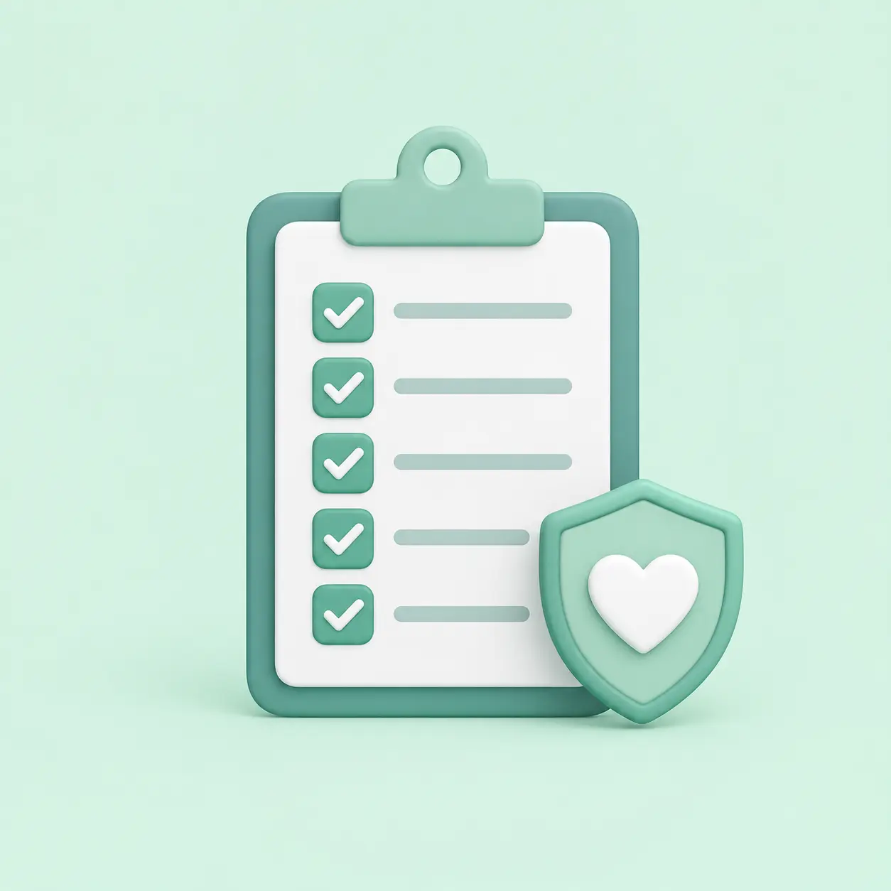 Tablilla con una lista de comprobación y un escudo en forma de corazón que representan revisar la seguridad antes de un medicamento