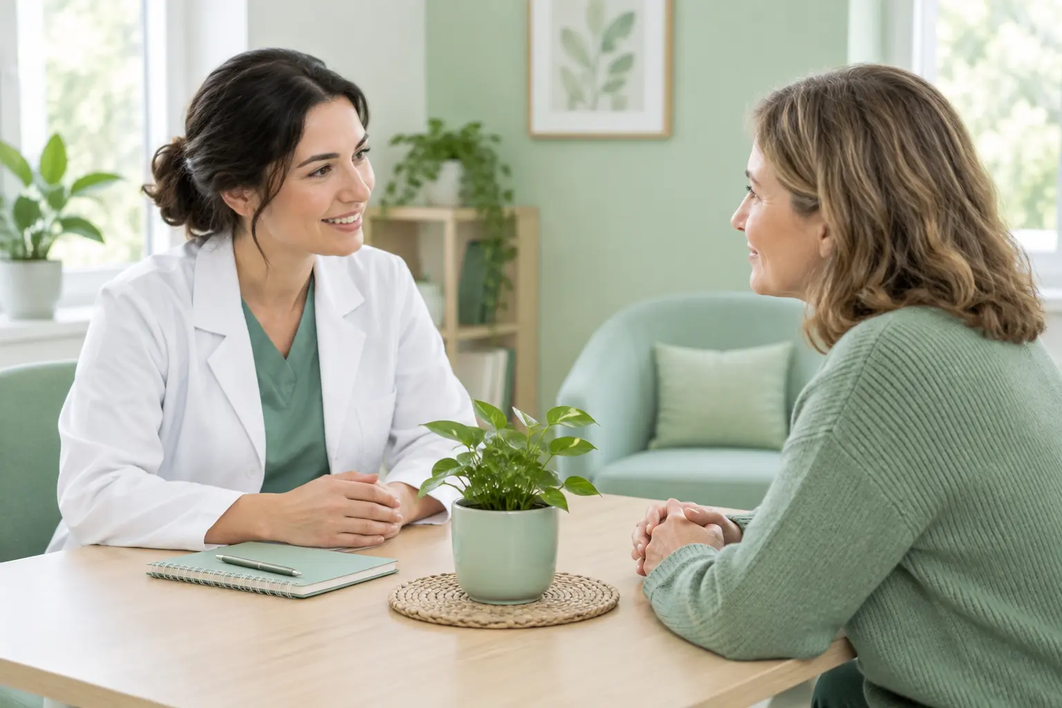 Persona conversando con una profesional de salud en una consulta luminosa