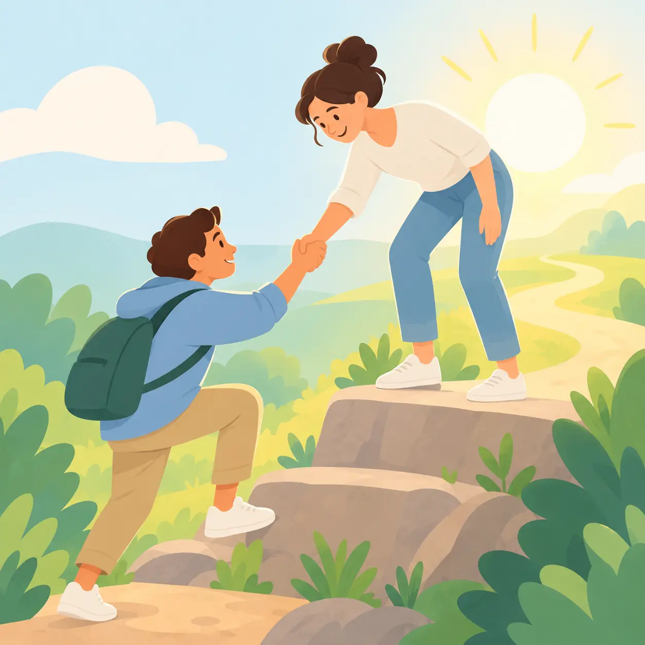 Una persona tiende la mano a otra para ayudarla a subir hacia un camino soleado