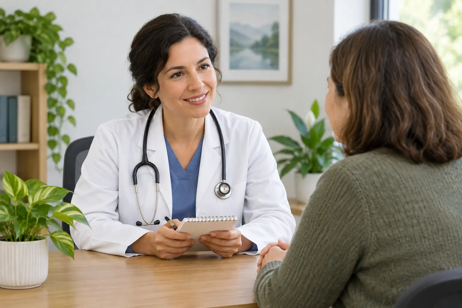 Una médica y un paciente conversando en una consulta con una libreta sobre la mesa