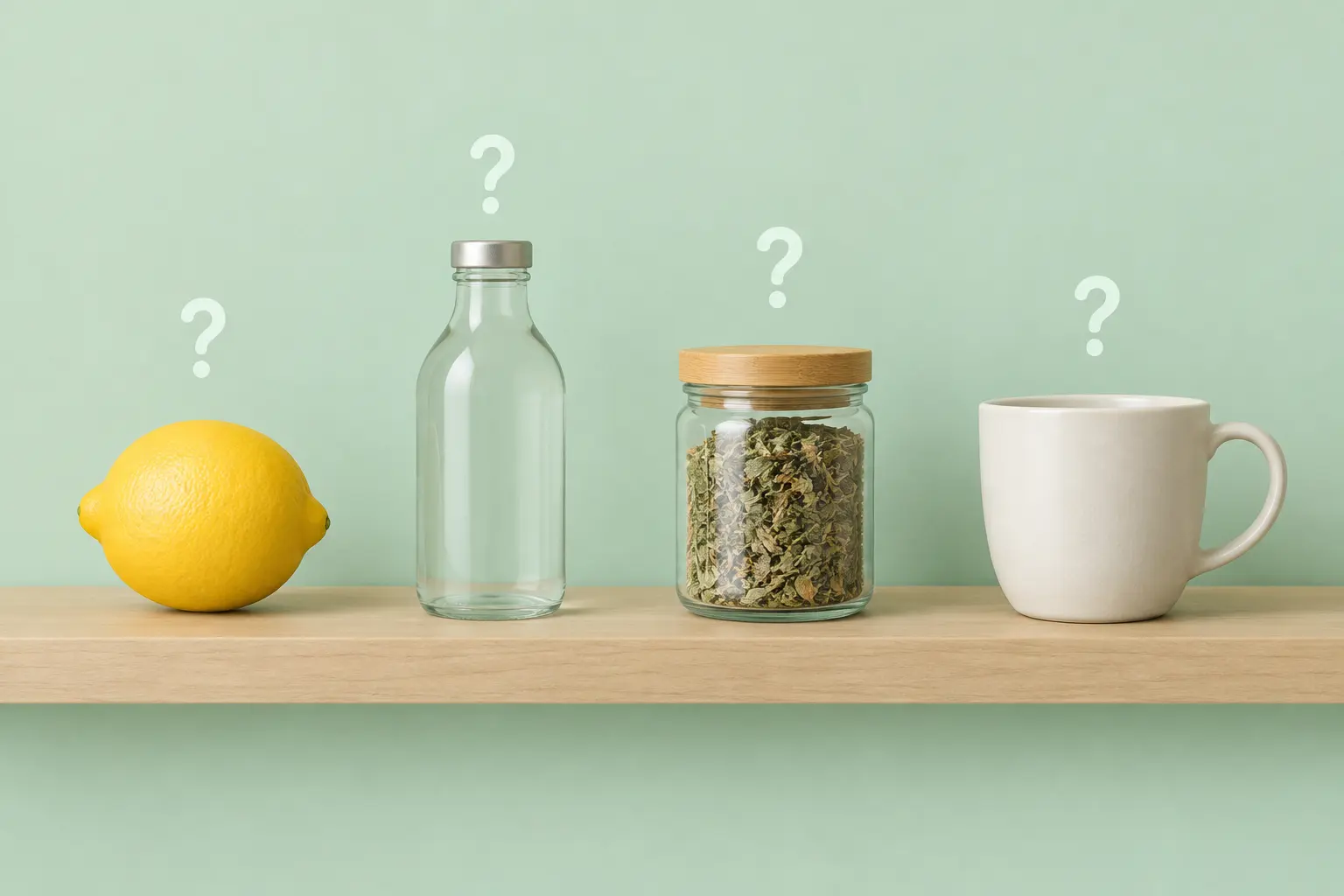 Un limón, una botella sin etiqueta, un tarro de hierbas secas y una taza, cada uno con un signo de interrogación