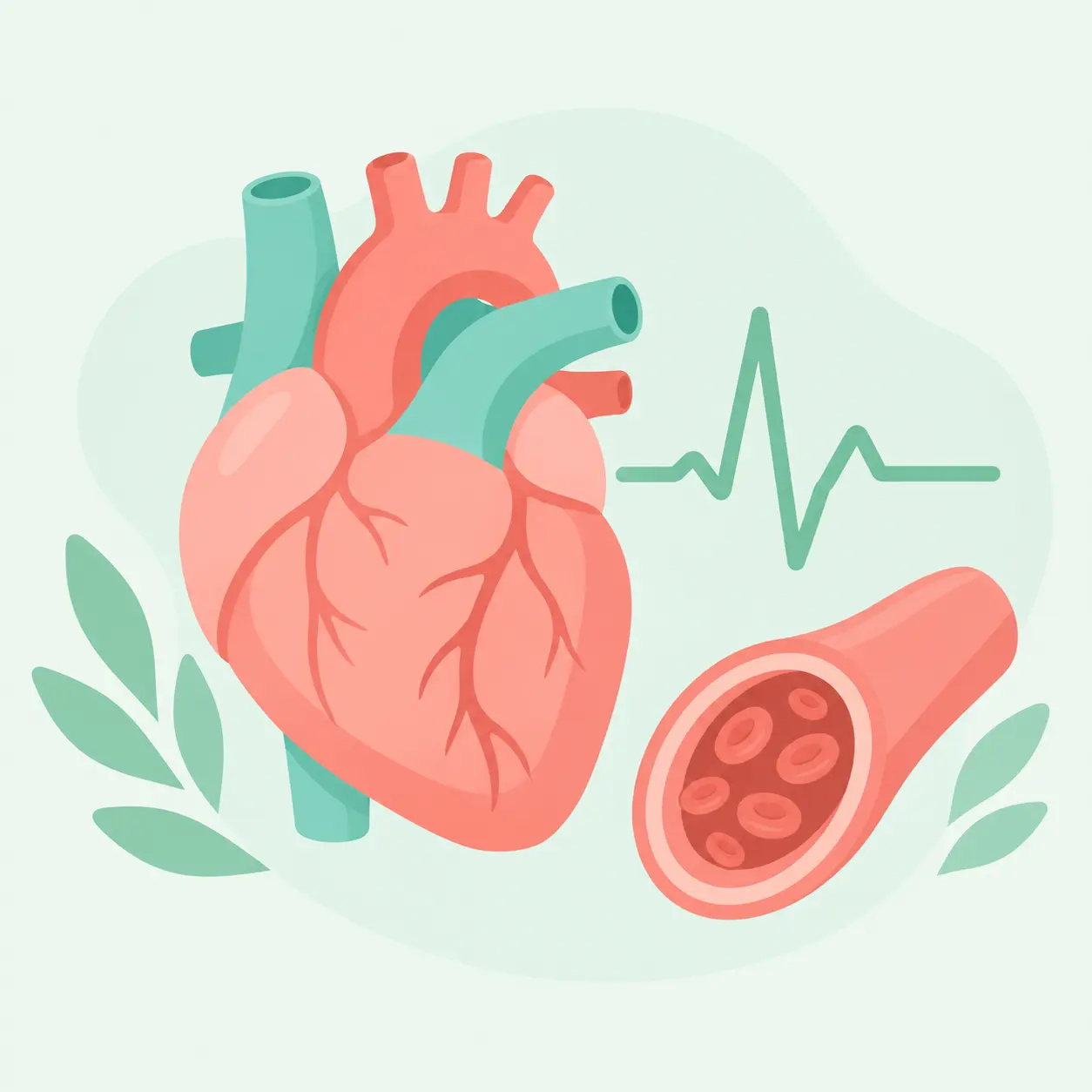Ilustración de un corazón y un vaso sanguíneo con una línea de pulso