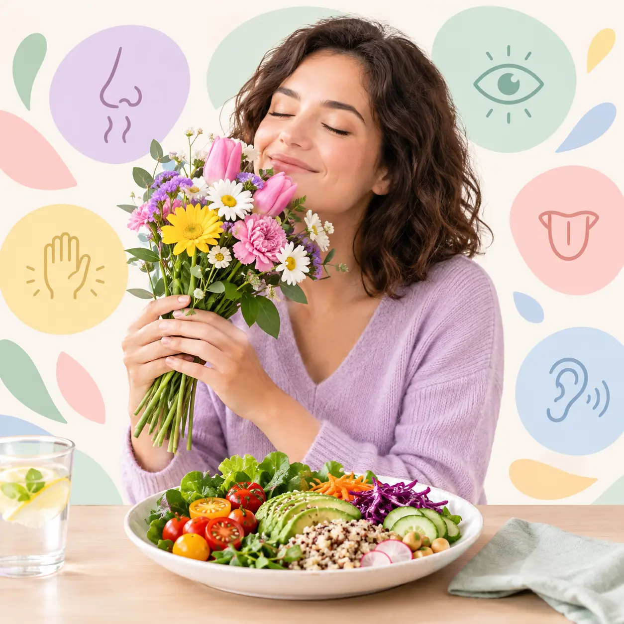 Persona sonriendo mientras huele un ramo de flores junto a un plato de comida fresca