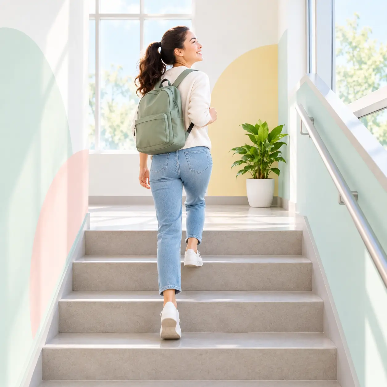 Persona subiendo unas escaleras con facilidad y buen ánimo junto a una planta