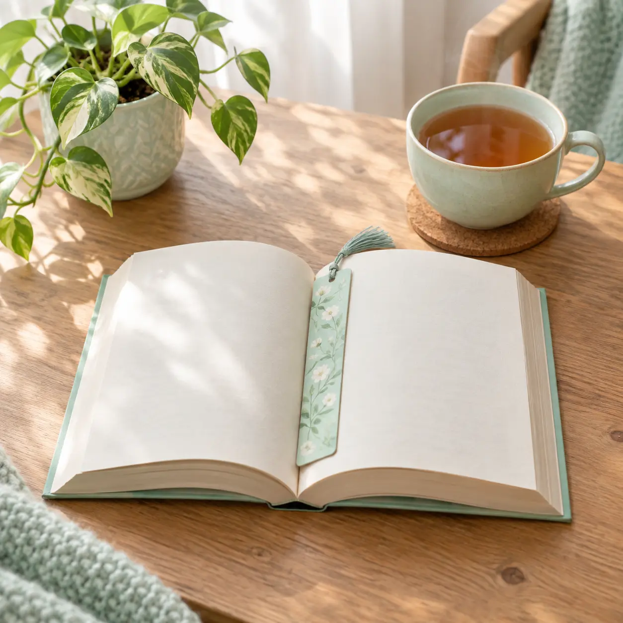 Libro abierto con un marcapáginas sobre una mesa junto a una taza de té y una planta