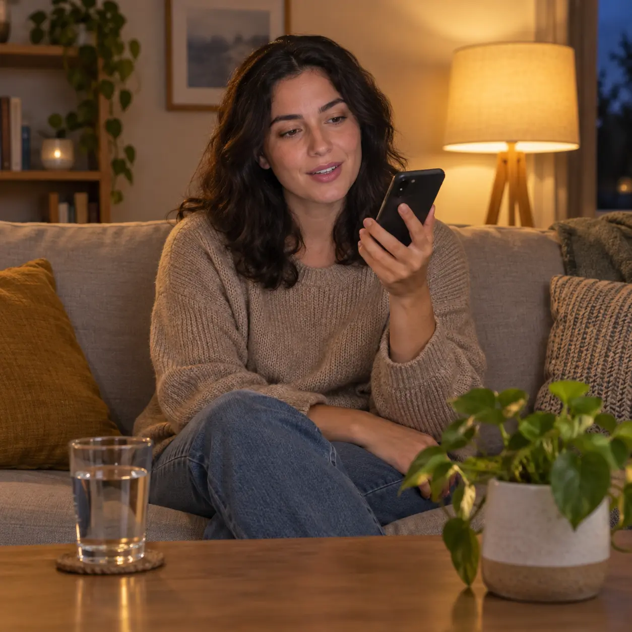 Persona sentada en un sofá hablando con calma con su móvil, junto a un vaso de agua y una planta