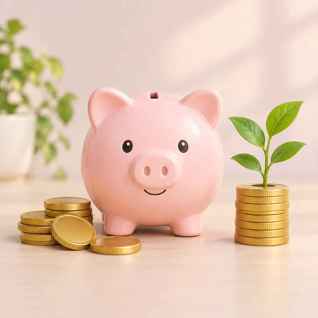 Hucha con monedas y una pequeña planta que crece