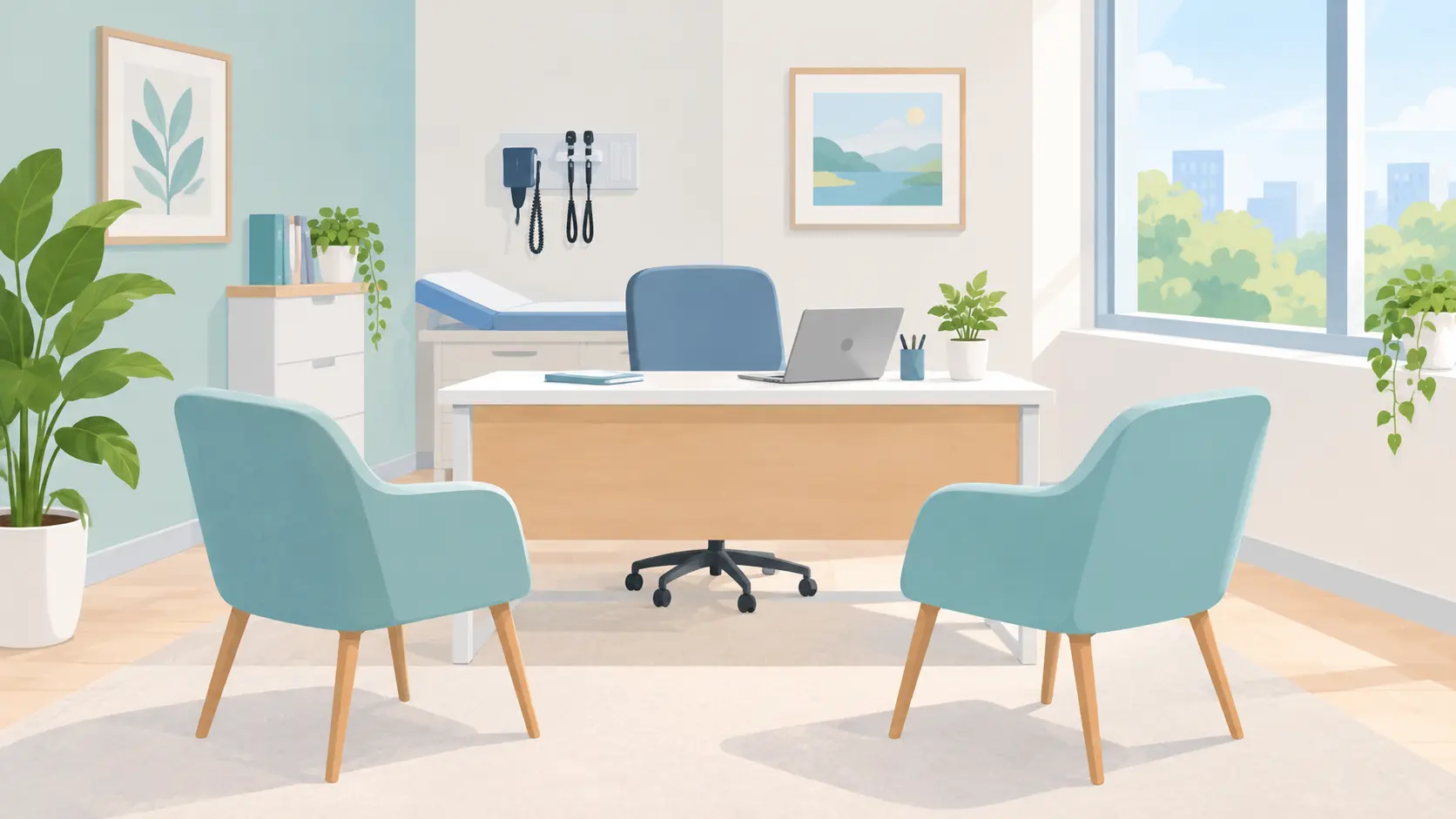Consulta médica luminosa con una mesa, dos sillas enfrentadas y una planta junto a la ventana