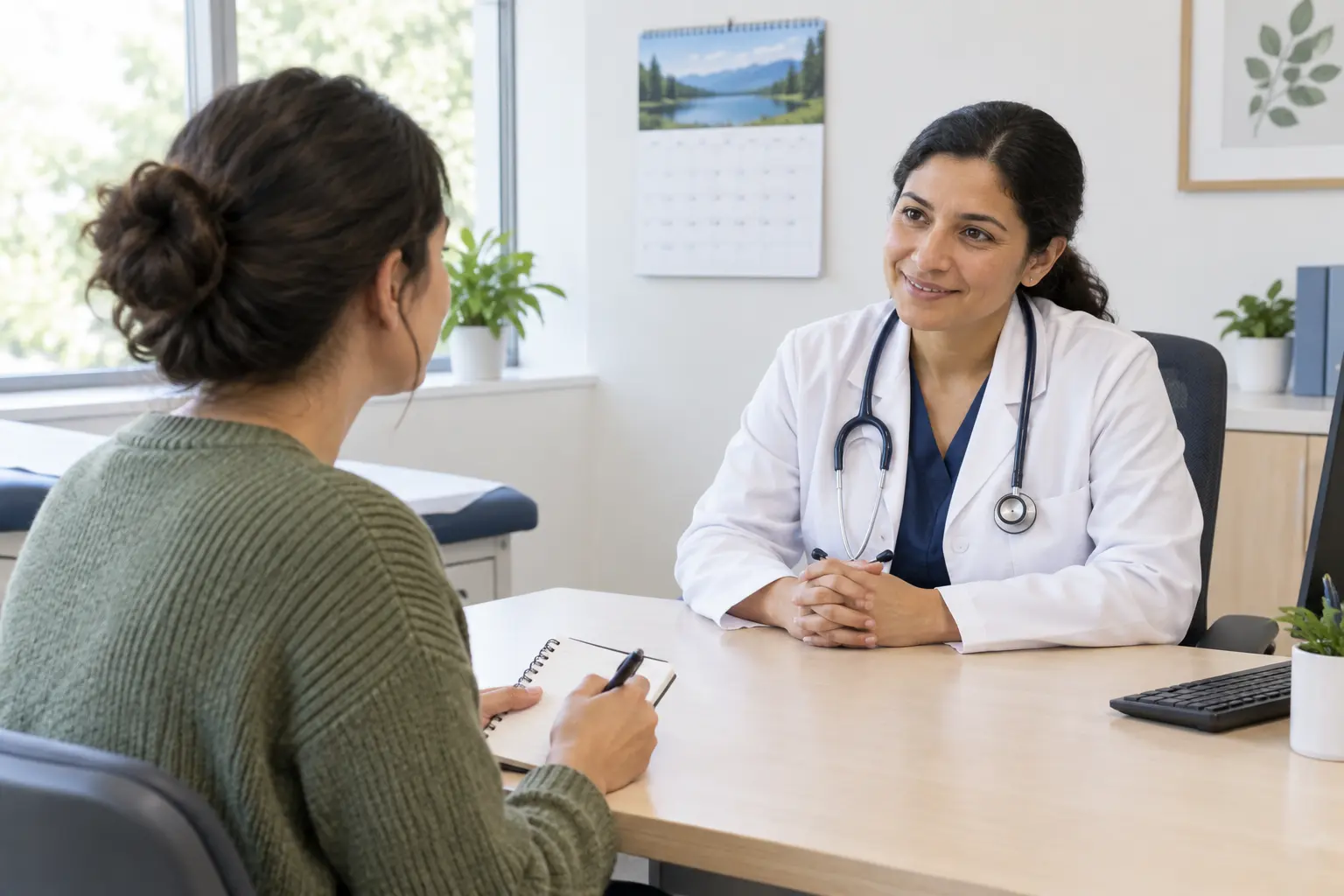 Persona con una libreta en la consulta del médico preparando preguntas sobre el tratamiento para dejar de fumar
